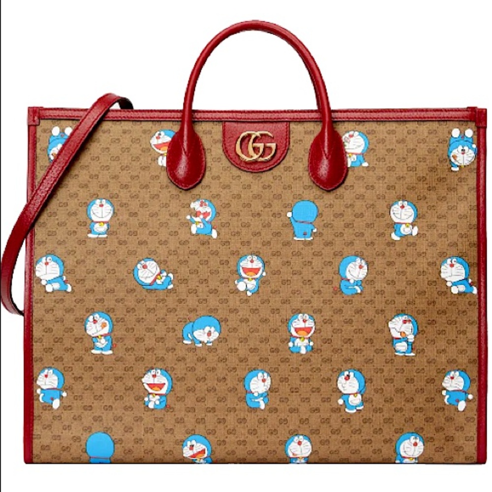GUCCI X DORAEMON Leather-Trimmed Printed Monogrammed Coated-Canvas Tote Bag NWT